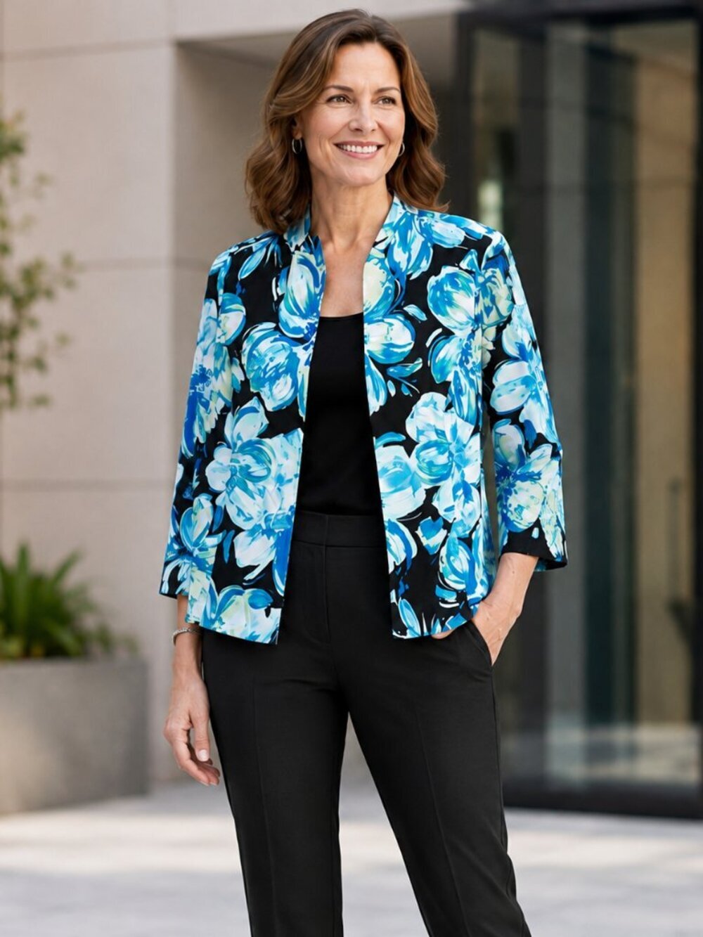 Kasper Size 8 Blue Floral Open Front Blazer Jacket Career Workwear